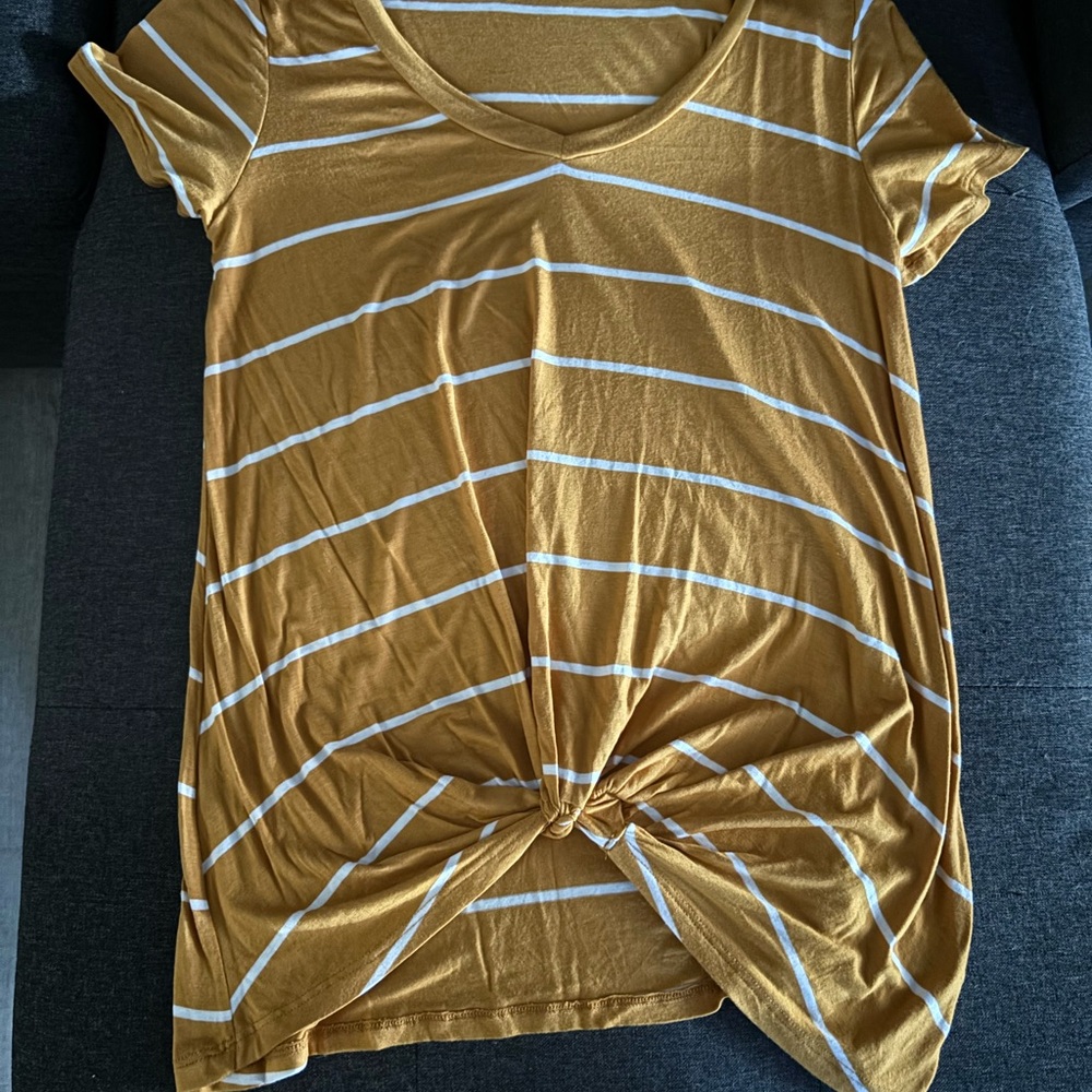 Mustard Yellow Striped Knot-Front V-Neck Top